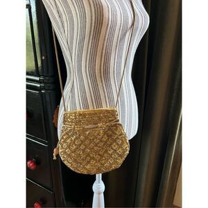 Gold satin beaded evening bag cross body purse